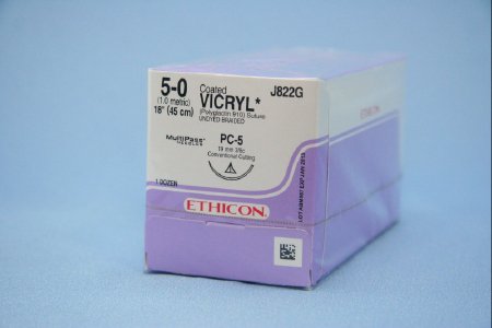 Picture of Suture with Needle Coated Vicryl™ Absorbable Coated Undyed Suture Braided Polyglactin 910 Size 5 - 0 18 Inch Suture 1-Needle 19 mm Length 3/8 Circle Conventional Cutting NeedleJ822G