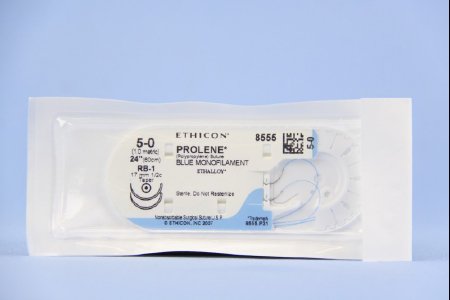 Picture of Suture with Needle Prolene™ Nonabsorbable Uncoated Blue Suture Monofilament Polypropylene Suture Size 5 - 0 24 Inch Suture Double-Armed 17 mm Length 1/2 Circle Taper Point Needle8555H