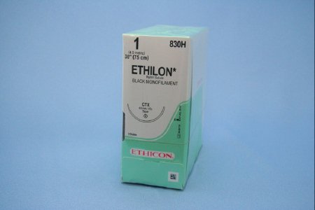 Picture of Suture with Needle Ethilon™ Nonabsorbable Uncoated Black Suture Monofilament Nylon Size 1 30 Inch Suture 1-Needle 48 mm Length 1/2 Circle Taper Point Needle830H