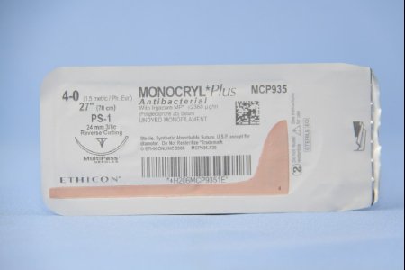 Picture of Antibacterial Suture with Needle Monocryl™ Plus Absorbable Uncoated Undyed Suture Poliglecaprone 25 with Irgacare MP Antibacterial Suture Size 4 - 0 27 Inch Suture 1-Needle 24 mm Length 3/8 Circle Reverse Cutting NeedleMCP935H
