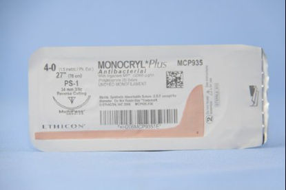 Picture of Antibacterial Suture with Needle Monocryl™ Plus Absorbable Uncoated Undyed Suture Poliglecaprone 25 with Irgacare MP Antibacterial Suture Size 4 - 0 27 Inch Suture 1-Needle 24 mm Length 3/8 Circle Reverse Cutting NeedleMCP935H