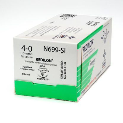 Picture of Suture with Needle Reli® Redilon™ Nonabsorbable Uncoated Black Suture Monofilament Nylon Size 4 - 0 18 Inch Suture 1-Needle 13 mm Length 3/8 Circle Reverse Cutting Needle with Precision PointN699-M