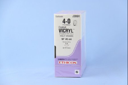Picture of Suture with Needle Coated Vicryl™ Absorbable Coated Violet Suture Braided Polyglactin 910 Size 4 - 0 18 Inch Suture 1-Needle 13 mm Length 3/8 Circle Reverse Cutting NeedleJ386H