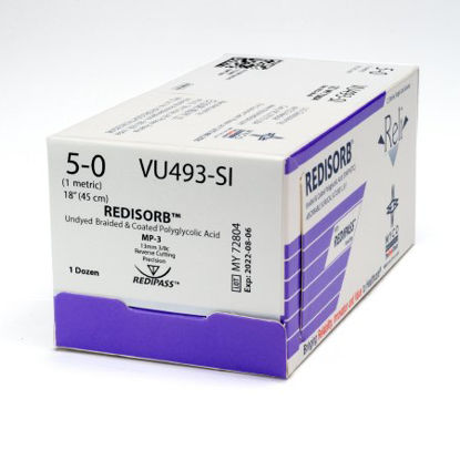 Picture of Suture with Needle Reli® Redisorb™ Absorbable Coated Undyed Suture Braided Polyglycolic Acid Suture Size 5 - 0 18 Inch Suture 1-Needle 13 mm Length 3/8 Circle Reverse Cutting Needle with Precision PointVU493-M