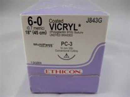 Picture of Suture with Needle Coated Vicryl™ Absorbable Coated Undyed Suture Braided Polyglactin 910 Size 6 - 0 18 Inch Suture 1-Needle 16 mm Length 3/8 Circle Conventional Cutting NeedleJ843G