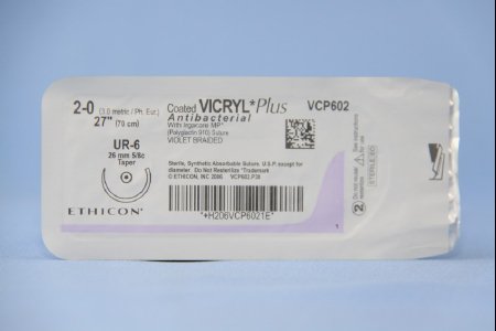 Picture of Antibacterial Suture with Needle Coated Vicryl™ Plus Absorbable Coated Violet Suture Braided Polyglactin 910 with Irgacare MP Antibacterial Suture Size 2 - 0 27 Inch Suture 1-Needle 26 mm Length 5/8 Circle Taper Point NeedleVCP602H