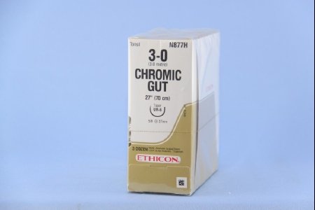 Picture of Suture with Needle Absorbable Uncoated Undyed Suture Chromic Gut Size 3 - 0 27 Inch Suture 1-Needle 26 mm Length 5/8 Circle Taper Point NeedleN877H