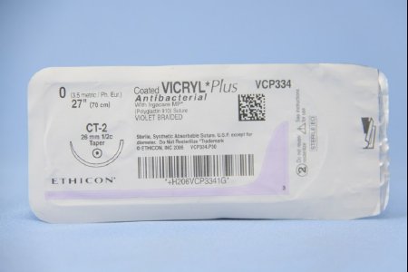 Picture of Antibacterial Suture with Needle Coated Vicryl™ Plus Absorbable Coated Violet Suture Braided Polyglactin 910 with Irgacare MP Antibacterial Suture Size 0 27 Inch Suture 1-Needle 26 mm Length 1/2 Circle Taper Point NeedleVCP334H