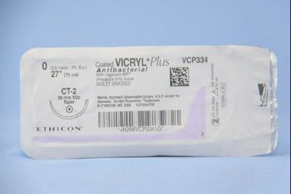 Picture of Antibacterial Suture with Needle Coated Vicryl™ Plus Absorbable Coated Violet Suture Braided Polyglactin 910 with Irgacare MP Antibacterial Suture Size 0 27 Inch Suture 1-Needle 26 mm Length 1/2 Circle Taper Point NeedleVCP334H