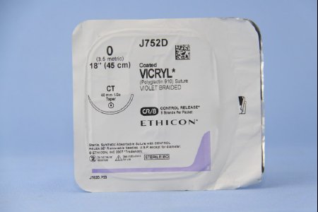 Picture of Suture with Needle Coated Vicryl™ Absorbable Coated Violet Suture Braided Polyglactin 910 Size 0 18 Inch Suture 1-Needle 40 mm Length 1/2 Circle Taper Point NeedleJ752D