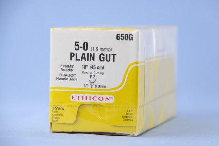 Picture of Suture with Needle Absorbable Uncoated Undyed Suture Plain Gut Size 5 - 0 18 Inch Suture 1-Needle 8 mm Length 1/2 Circle Precision Point - Reverse Cutting Needle658G