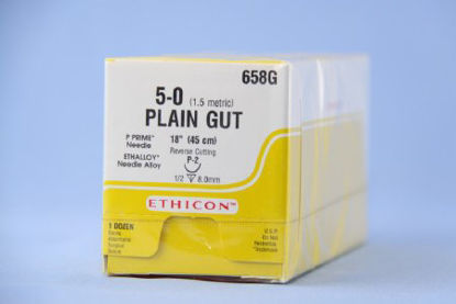 Picture of Suture with Needle Absorbable Uncoated Undyed Suture Plain Gut Size 5 - 0 18 Inch Suture 1-Needle 8 mm Length 1/2 Circle Precision Point - Reverse Cutting Needle658G