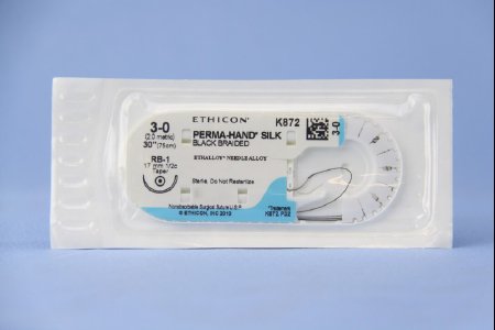 Picture of Suture with Needle Perma-Hand™ Nonabsorbable Coated Black Suture Braided Silk Size 3 - 0 30 Inch Suture 1-Needle 17 mm Length 1/2 Circle Taper Point NeedleK872H