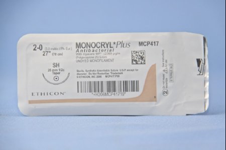 Picture of Antibacterial Suture with Needle Monocryl™ Plus Absorbable Uncoated Undyed Suture Poliglecaprone 25 with Irgacare MP Antibacterial Suture Size 2 - 0 27 Inch Suture 1-Needle 26 mm Length 1/2 Circle Taper Point NeedleMCP417H