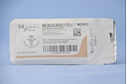 Picture of Antibacterial Suture with Needle Monocryl™ Plus Absorbable Uncoated Undyed Suture Poliglecaprone 25 with Irgacare MP Antibacterial Suture Size 2 - 0 27 Inch Suture 1-Needle 26 mm Length 1/2 Circle Taper Point NeedleMCP417H