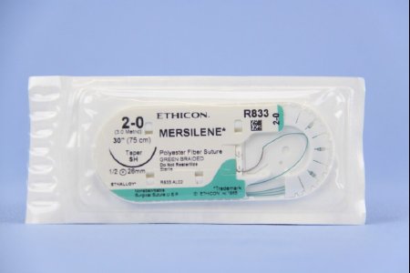 Picture of Suture with Needle Mersilene™ Nonabsorbable Uncoated Green Suture Braided Polyester Size 2 - 0 30 Inch Suture 1-Needle 26 mm Length 1/2 Circle Taper Point NeedleR833H