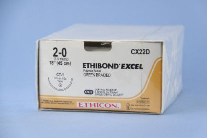 Picture of Suture with Needle Ethibond Nonabsorbable Coated Green Suture Braided Polyester Size 2 - 0 18 Inch Suture 1-Needle 36 mm Length 1/2 Circle Taper Point NeedleCX22D