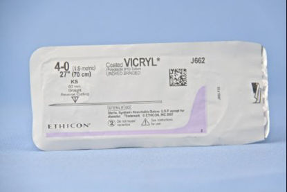 Picture of Suture with Needle Coated Vicryl™ Absorbable Coated Undyed Suture Braided Polyglactin 910 Size 4 - 0 27 Inch Suture 1-Needle 60 mm Length Straight Conventional Cutting NeedleJ662H