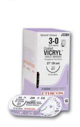 Picture of Antibacterial Suture with Needle Coated Vicryl™ Plus Absorbable Coated Undyed Suture Braided Polyglactin 910 with Irgacare MP Antibacterial Suture Size 3 - 0 18 Inch Suture 1-Needle 24 mm Length 3/8 Circle Precision Point - Reverse Cutting NeedleVCP683G