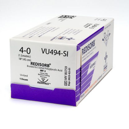 Picture of Suture with Needle Reli® Redisorb™ Absorbable Coated Undyed Suture Braided Polyglycolic Acid Suture Size 4 - 0 18 Inch Suture 1-Needle 13 mm Length 3/8 Circle Reverse Cutting Needle with Precision PointVU494-M