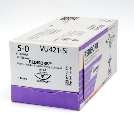 Picture of Suture with Needle Reli® Redisorb™ Absorbable Coated Undyed Suture Braided Polyglycolic Acid Suture Size 5 - 0 27 Inch Suture 1-Needle 19 mm Length 3/8 Circle Reverse Cutting NeedleVU421-M
