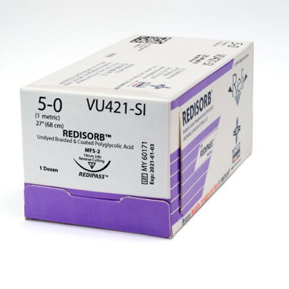 Picture of Suture with Needle Reli® Redisorb™ Absorbable Coated Undyed Suture Braided Polyglycolic Acid Suture Size 5 - 0 27 Inch Suture 1-Needle 19 mm Length 3/8 Circle Reverse Cutting NeedleVU421-M
