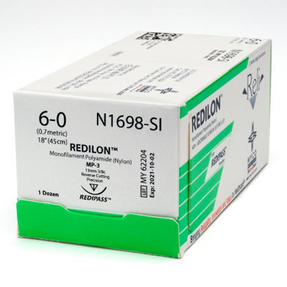 Picture of Suture with Needle Reli® Redilon™ Nonabsorbable Uncoated Black Suture Monofilament Nylon Size 6 - 0 18 Inch Suture 1-Needle 13 mm Length 3/8 Circle Reverse Cutting Needle with Precision PointN1698-M