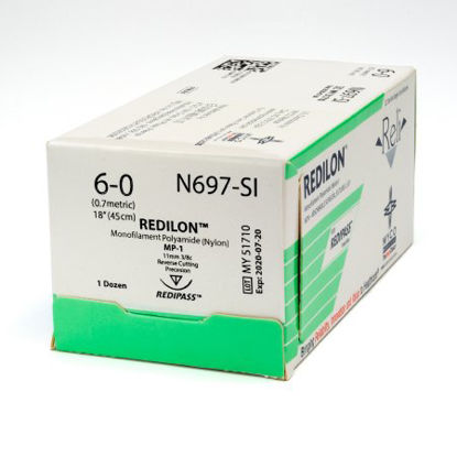 Picture of Suture with Needle Reli® Redilon™ Nonabsorbable Uncoated Black Suture Monofilament Nylon Size 6 - 0 18 Inch Suture 1-Needle 11 mm Length 3/8 Circle Reverse Cutting NeedleN697-M