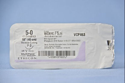 Picture of Antibacterial Suture with Needle Coated Vicryl™ Plus Absorbable Coated Violet Suture Braided Polyglactin 910 with Irgacare MP Antibacterial Suture Size 5 - 0 18 Inch Suture 1-Needle 13 mm Length 3/8 Circle Precision Point - Reverse Cutting NeedleVCP463G