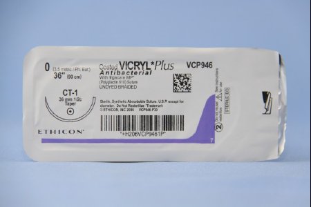 Picture of Antibacterial Suture with Needle Coated Vicryl™ Plus Absorbable Coated Undyed Suture Braided Polyglactin 910 with Irgacare MP Antibacterial Suture Size 0 36 Inch Suture 1-Needle 36 mm Length 1/2 Circle Taper Point NeedleVCP946H