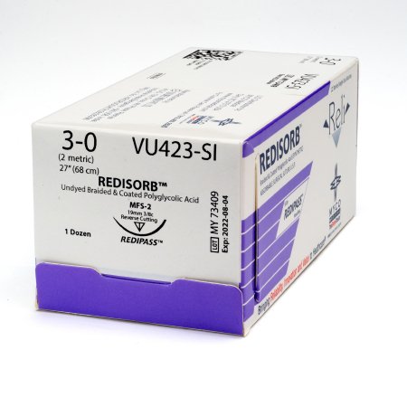 Picture of Suture with Needle Reli® Redisorb™ Absorbable Coated Undyed Suture Braided Polyglycolic Acid Suture Size 3 - 0 27 Inch Suture 1-Needle 19 mm Length 3/8 Circle Reverse Cutting NeedleVU423-M