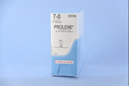 Picture of Suture with Needle Prolene™ Nonabsorbable Uncoated Blue Suture Monofilament Polypropylene Suture Size 7 - 0 18 Inch Suture Double-Armed 9.3 mm Length 3/8 Circle Taper Point Needle8701H