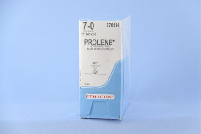 Picture of Suture with Needle Prolene™ Nonabsorbable Uncoated Blue Suture Monofilament Polypropylene Suture Size 7 - 0 18 Inch Suture Double-Armed 9.3 mm Length 3/8 Circle Taper Point Needle8701H