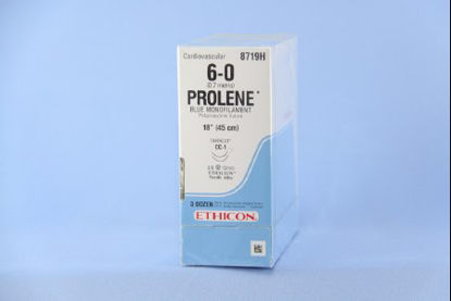 Picture of Suture with Needle Prolene™ Nonabsorbable Uncoated Blue Suture Monofilament Polypropylene Suture Size 6 - 0 18 Inch Suture Double-Armed 13 mm Length 3/8 Circle Taper Cut Needle8719H