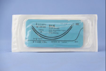 Picture of Suture with Needle Perma-Hand™ Nonabsorbable Coated Black Suture Braided Silk Size 2 30 Inch Suture Double-Armed 75 mm Length 3/8 Circle Reverse Cutting Needle482T