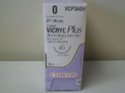 Picture of Antibacterial Suture with Needle Coated Vicryl™ Plus Absorbable Coated Violet Suture Braided Polyglactin 910 with Irgacare MP Antibacterial Suture Size 0 27 Inch Suture 1-Needle 36 mm Length 1/2 Circle Taper Point NeedleVCP340H