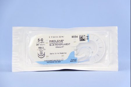 Picture of Suture with Needle Prolene™ Nonabsorbable Uncoated Blue Suture Monofilament Polypropylene Suture Size 5 - 0 24 Inch Suture Double-Armed 13 mm Length 1/2 Circle Taper Point Needle8554H