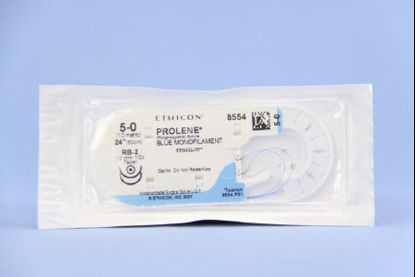 Picture of Suture with Needle Prolene™ Nonabsorbable Uncoated Blue Suture Monofilament Polypropylene Suture Size 5 - 0 24 Inch Suture Double-Armed 13 mm Length 1/2 Circle Taper Point Needle8554H