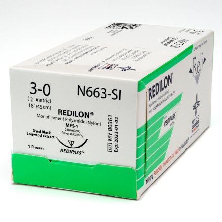 Picture of Suture with Needle Reli® Redilon™ Nonabsorbable Uncoated Black Suture Monofilament Nylon Size 3 - 0 18 Inch Suture 1-Needle 24 mm Length 3/8 Circle Reverse Cutting NeedleN663-M