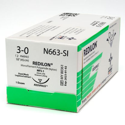 Picture of Suture with Needle Reli® Redilon™ Nonabsorbable Uncoated Black Suture Monofilament Nylon Size 3 - 0 18 Inch Suture 1-Needle 24 mm Length 3/8 Circle Reverse Cutting NeedleN663-M