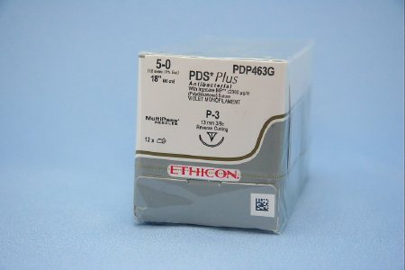 Picture of Antibacterial Suture with Needle PDS Plus™ Absorbable Uncoated Violet Suture Monofilament Polydioxanone with Irgacare MP Antibacterial Suture Size 5 - 0 18 Inch Suture 1-Needle 13 mm Length 3/8 Circle Reverse Cutting NeedlePDP463G