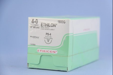 Picture of Suture with Needle Ethilon™ Nonabsorbable Uncoated Clear Suture Monofilament Nylon Size 4 - 0 18 Inch Suture 1-Needle 16 mm Length 1/2 Circle Reverse Cutting Needle1603G
