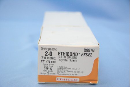 Picture of Suture with Needle Ethibond Nonabsorbable Coated Green Suture Braided Polyester Size 2 - 0 27 Inch Suture Double-Armed 25.4 mm Length Straight Trocar Point NeedleX997G