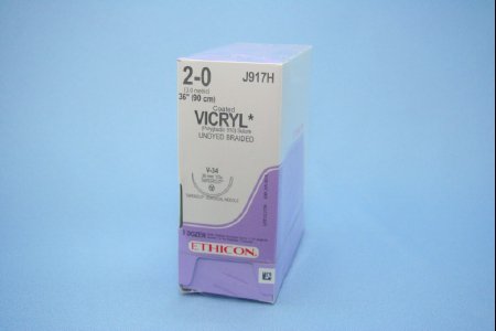 Picture of Suture with Needle Coated Vicryl™ Absorbable Coated Undyed Suture Braided Polyglactin 910 Size 2 - 0 36 Inch Suture 1-Needle 36.4 mm Length 1/2 Circle Taper Point Cutting NeedleJ917H