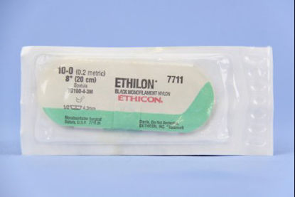 Picture of Suture with Needle Ethilon™ Nonabsorbable Uncoated Black Suture Monofilament Nylon Size 10 - 0 8 Inch Suture Double-Armed 4.2 mm Length 1/2 Circle Micropoint - Spatula Needle7711G