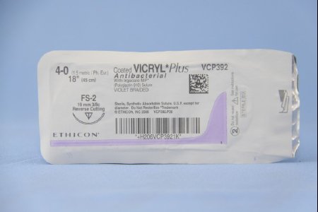 Picture of Antibacterial Suture with Needle Coated Vicryl™ Plus Absorbable Coated Violet Suture Braided Polyglactin 910 with Irgacare MP Antibacterial Suture Size 4 - 0 18 Inch Suture 1-Needle 19 mm Length 3/8 Circle Reverse Cutting NeedleVCP392H