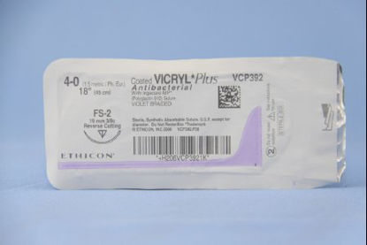 Picture of Antibacterial Suture with Needle Coated Vicryl™ Plus Absorbable Coated Violet Suture Braided Polyglactin 910 with Irgacare MP Antibacterial Suture Size 4 - 0 18 Inch Suture 1-Needle 19 mm Length 3/8 Circle Reverse Cutting NeedleVCP392H