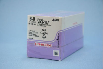 Picture of Suture with Needle Coated Vicryl™ Absorbable Coated Violet Suture Braided Polyglactin 910 Size 6 - 0 18 Inch Suture Double-Armed 8 mm Length 3/8 Circle Reverse Cutting NeedleJ551G