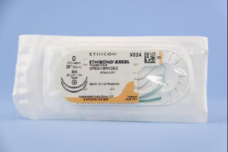 Picture of Suture with Needle Ethibond Nonabsorbable Coated Green Suture Braided Polyester Size 0 36 Inch Suture Double-Armed 26 mm Length 1/2 Circle Taper Point NeedleX524H