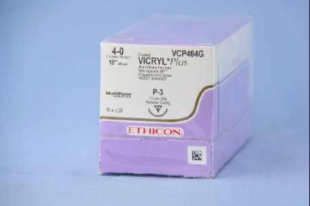 Picture of Antibacterial Suture with Needle Coated Vicryl™ Plus Absorbable Coated Violet Suture Braided Polyglactin 910 with Irgacare MP Antibacterial Suture Size 4 - 0 18 Inch Suture 1-Needle 13 mm Length 3/8 Circle Precision Point - Reverse Cutting NeedleVCP464G